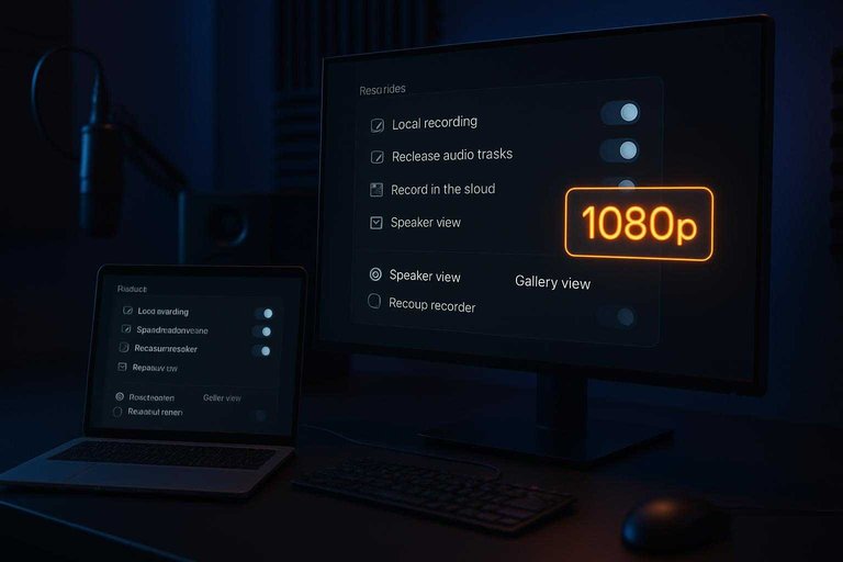 Dark tech recording dashboard with a glowing "1080p" label in #df9800 beside video and audio recording settings.