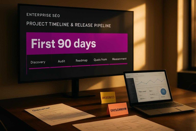 War-room workspace with monitor timeline and #ad00cc banner text "First 90 days" for enterprise SEO momentum planning
