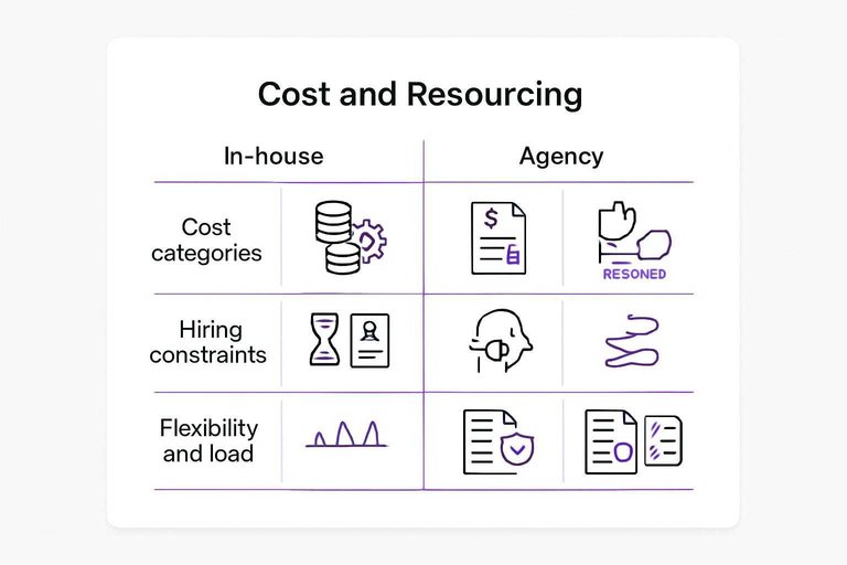 In-house vs Agency comparison across Cost categories, Hiring constraints, Flexibility and load, Procurement realities