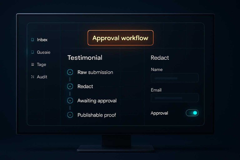 Dark SaaS dashboard for testimonial curation with a glowing orange label reading “Approval workflow”