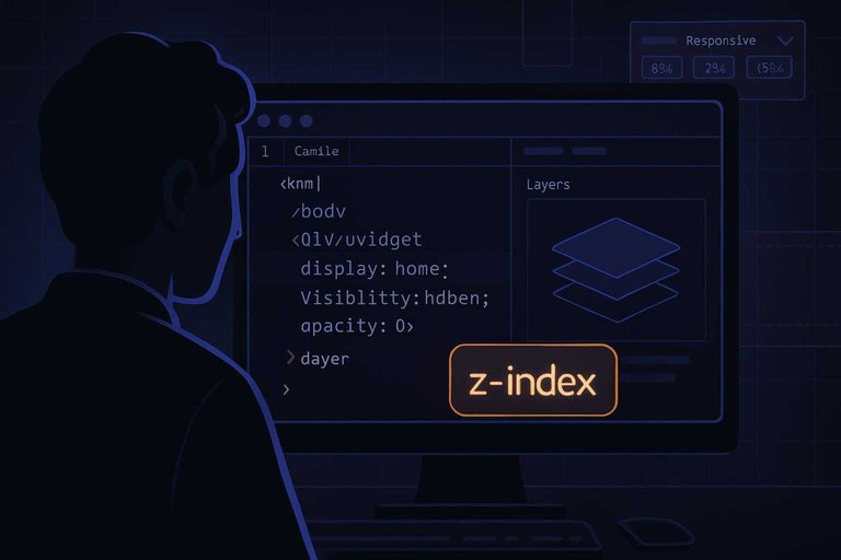 DevTools-style dark UI showing layering panels with glowing "z-index" label while debugging an invisible widget