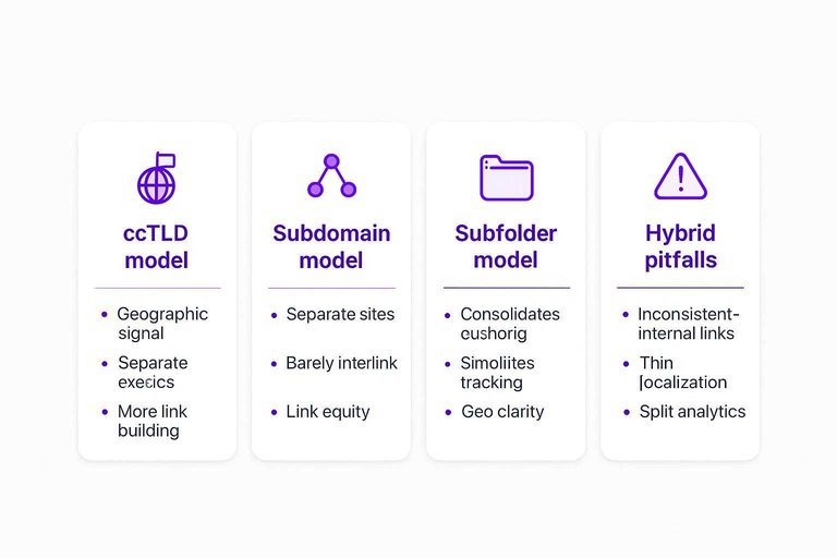 Four-model comparison: ccTLD model, Subdomain model, Subfolder model, Hybrid pitfalls with key tradeoffs