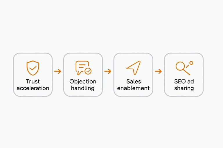 Four-step flow: Trust acceleration → Objection handling → Sales enablement → SEO and sharing with arrows