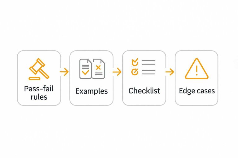 Four-step flow: Pass-fail rules, Examples, Checklist, Edge cases connected by arrows
