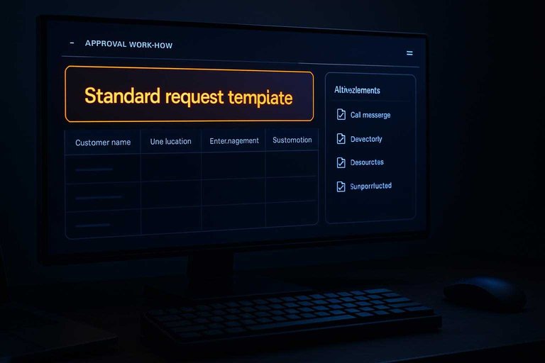 Approval workflow dashboard in dark mode with glowing banner text “Standard request template” and request form columns