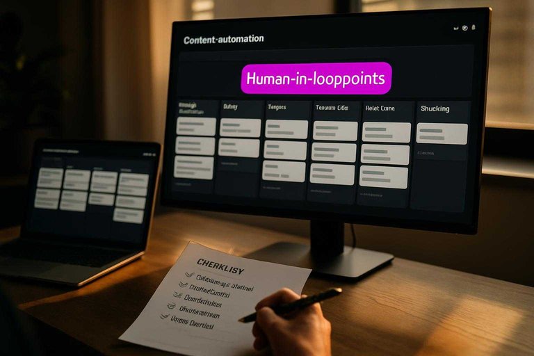 Workspace monitor shows workflow board with #ad00cc label “Human-in-loop points” beside content automation checklist