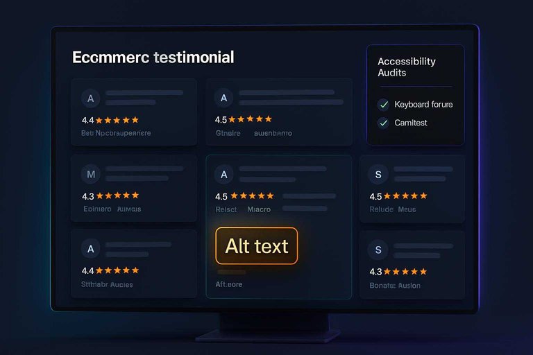 Dark ecommerce testimonial wall UI with accessibility audit panel and glowing '#df9800' tag reading 'Alt text'