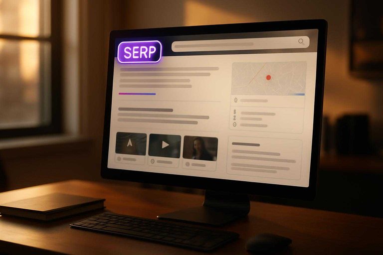 Desk monitor showing search results modules with a #ad00cc label reading 'SERP' to emphasize results as an answer page