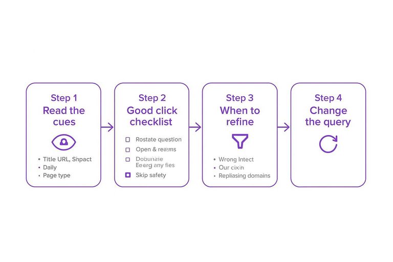 Four-step flow: Read the cues, Good-click checklist, When to refine, Change the query with connecting arrows