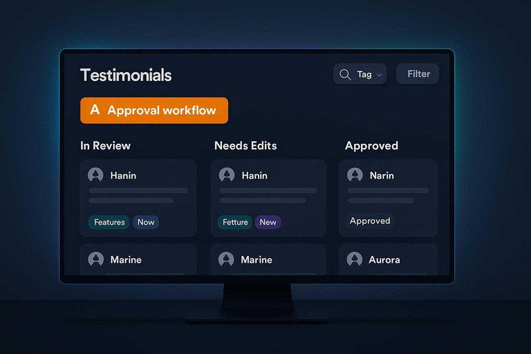 Dark dashboard UI for testimonial curation with glowing #df9800 label “Approval workflow” above a review queue