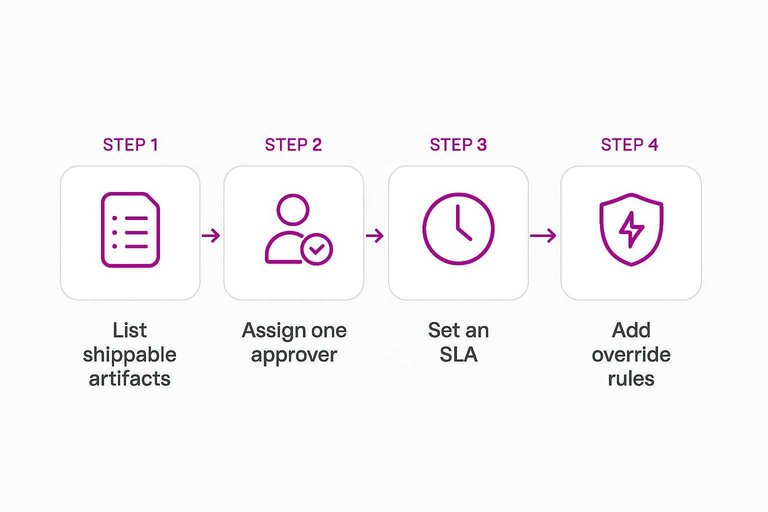 Four-step RACI workflow: List shippable artifacts, Assign one approver, Set an SLA, Add override rules