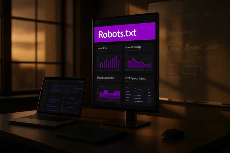 Monitor in SEO workspace shows dashboard with #ad00cc banner reading “Robots.txt” to highlight indexing controls.