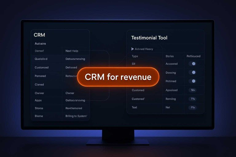 Dual dashboard showing CRM pipeline and proof library with glowing overlay text 'CRM for revenue' to indicate ownership model