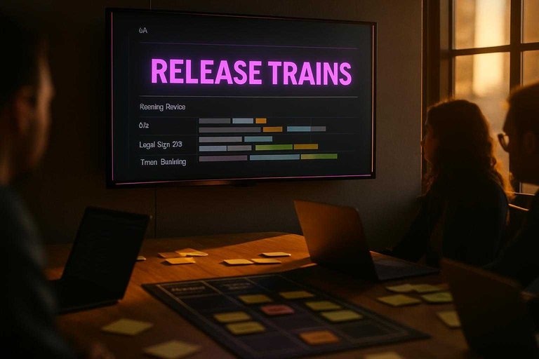 Engineering war room with timeline dashboard showing “RELEASE TRAINS” in #ad00cc amid QA and approval steps