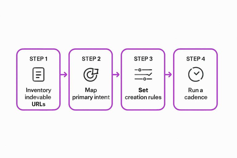 Four-step flow: Inventory indexable URLs, Map primary intent, Set creation rules, Run a cadence with arrows