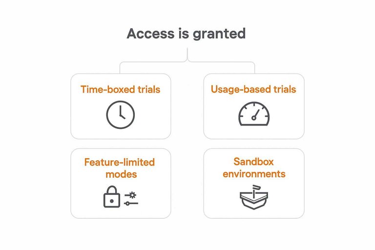 Four-way comparison: Time-boxed trials, Usage-based trials, Feature-limited modes, Sandbox environments