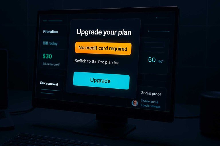 Dark SaaS upgrade screen with glowing #df9800 banner text “No credit card required” above clear billing options