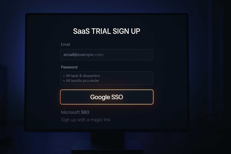 Dark signup screen with a glowing #df9800 button labeled "Google SSO" beside minimal trial form fields.