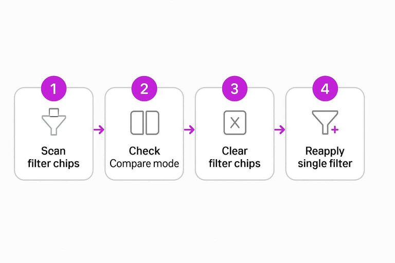 Four-step flow: Scan filter chips, Check Compare mode, Clear filter chips, Reapply single filter with arrows