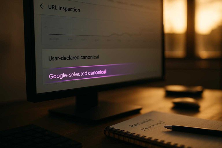 Monitor shows URL Inspection with “Google-selected canonical” highlighted in #ad00cc beside canonical comparison fields