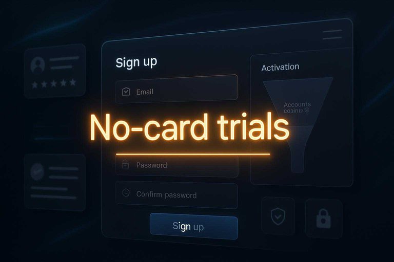 Dark SaaS signup funnel UI with #df9800 highlight and glowing overlay text “No-card trials” near trust-signal cards