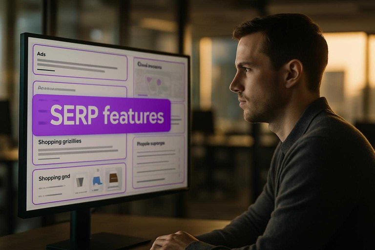 SEO analyst reviewing search results dashboard with #ad00cc banner reading "SERP features" as modules crowd organic links