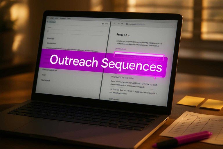 Desk workspace with email draft and highlighted article paragraph, laptop banner reading “Outreach Sequences” in #ad00cc