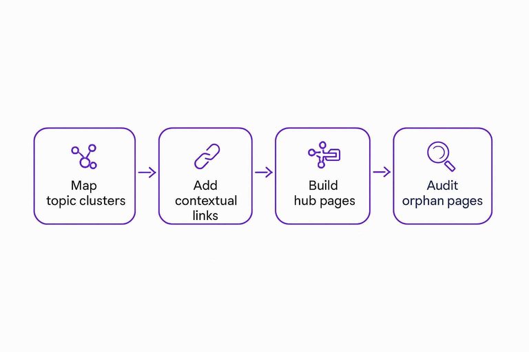 Four-step flow: Map topic clusters, Add contextual links, Build hub pages, Audit orphan pages with arrows