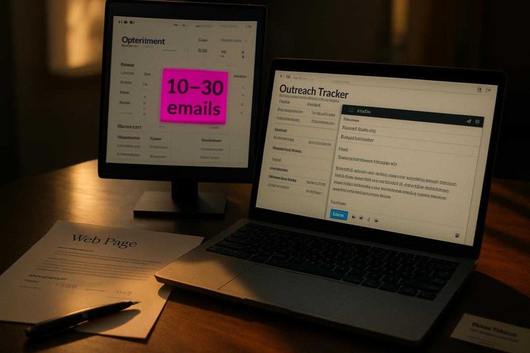 Outreach workspace with tracker dashboard and a #ad00cc screen banner reading “10–30 emails” for backlink pitching batches