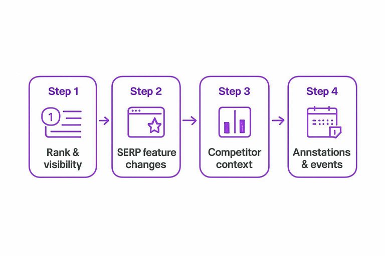 Four-step flow: Rank & visibility → SERP feature changes → Competitor context → Annotations & events