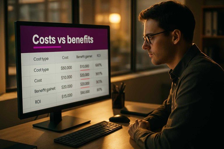 Analyst viewing ROI table on a monitor with a #ad00cc header reading "Costs vs benefits" for tracking tradeoffs