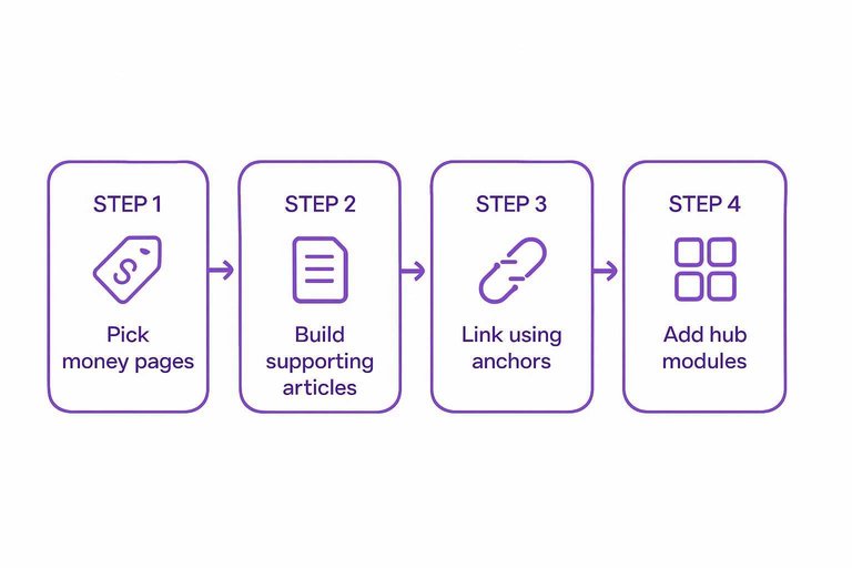 Four-step flow: Pick money pages, Build supporting articles, Link using anchors, Add hub modules
