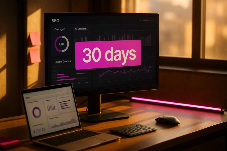 SEO ops workspace with analytics dashboard showing "30 days" in a #ad00cc banner, signaling short-window metrics review