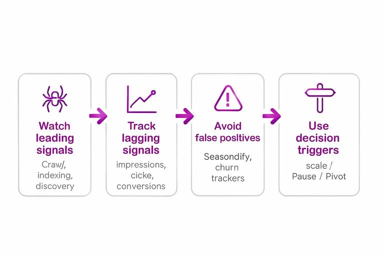 Four-step flow: Watch leading signals, Track lagging signals, Avoid false positives, Use decision triggers
