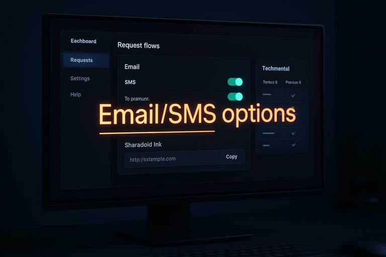Dark-mode testimonial request dashboard with glowing #df9800 label 'Email/SMS options' beside request flow settings
