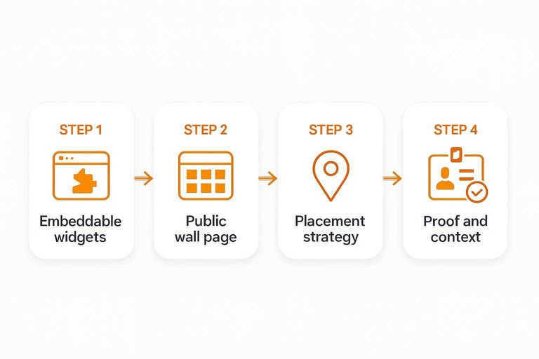 Four-step flow: Embeddable widgets → Public wall page → Placement strategy → Proof and context