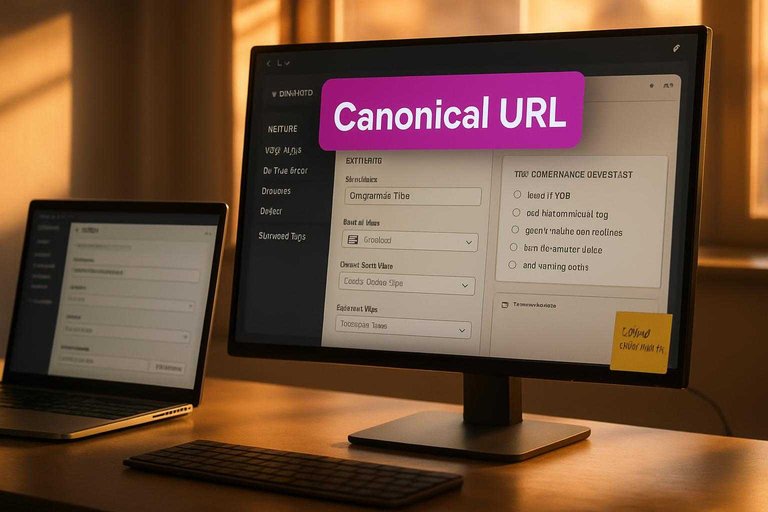 Monitor showing CMS SEO settings with a #ad00cc badge reading "Canonical URL" to emphasize URL governance.
