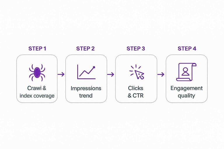 Four-step flow: Crawl & index coverage → Impressions trend → Clicks & CTR → Engagement quality