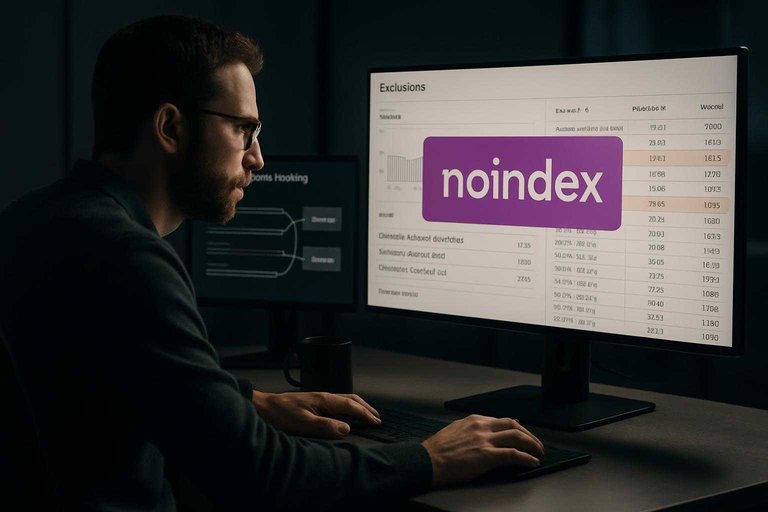 SEO workstation showing exclusions and crawl logs with a purple banner reading "noindex" to illustrate a crawl trap