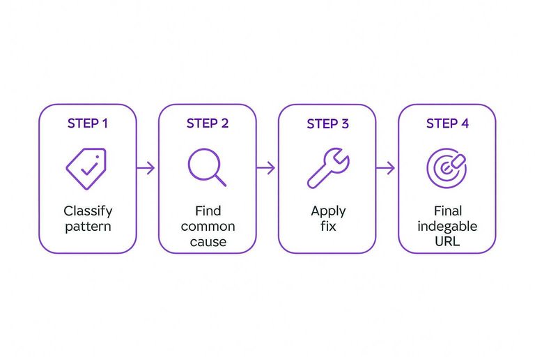 Four-step flow: Classify pattern, Find common cause, Apply fix, Final indexable URL with arrows