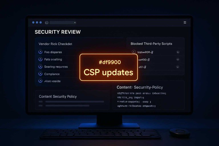 Security review dashboard with CSP rule panel and glowing #df9800 label reading "CSP updates"