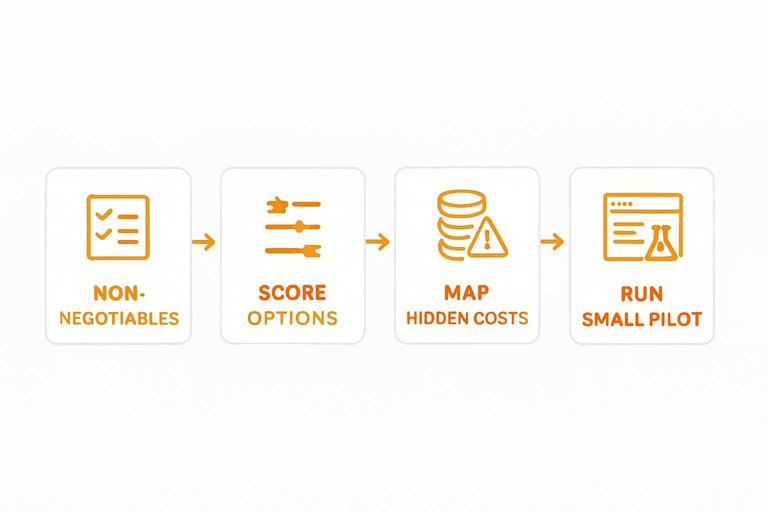 Four-step flow: Non-negotiables, Score options, Map hidden costs, Run small pilot connected by arrows