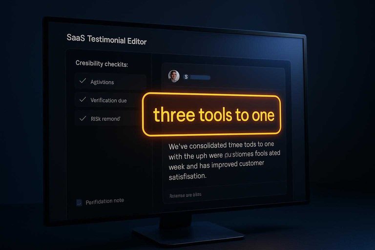 Dark SaaS testimonial editor UI highlighting the text "three tools to one" with checklists for credibility signals