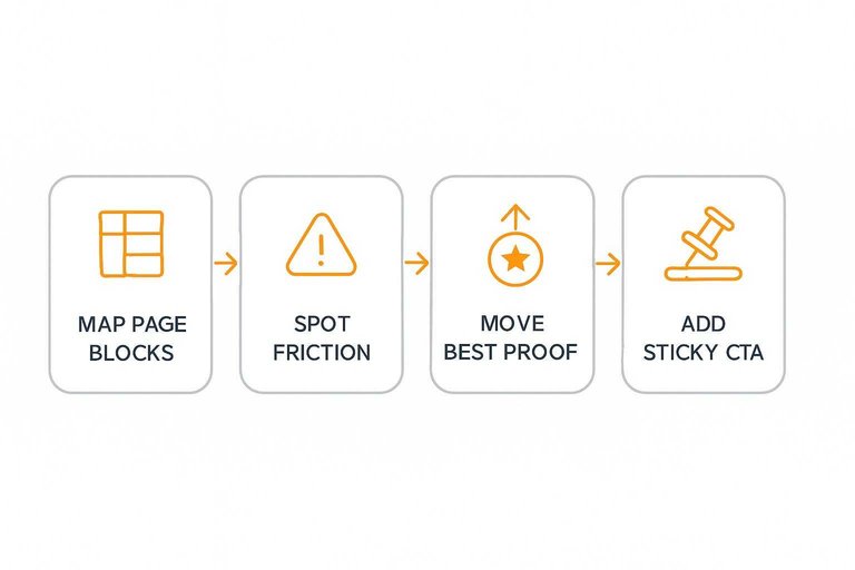 Four-step flow: Map page blocks, Spot friction, Move best proof up, Add sticky CTA with arrows