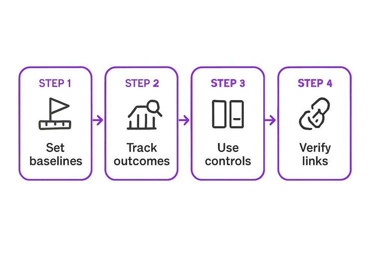 Four-step flow: Set baselines → Track outcomes → Use controls → Verify links, connected by arrows