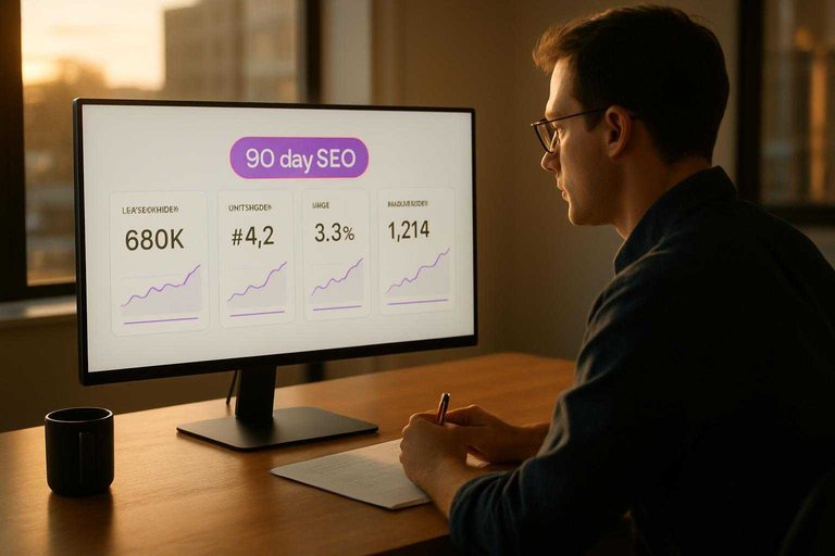 SEO analyst viewing dashboard with a #ad00cc label reading "90-day SEO" over impressions, rankings, and CTR panels