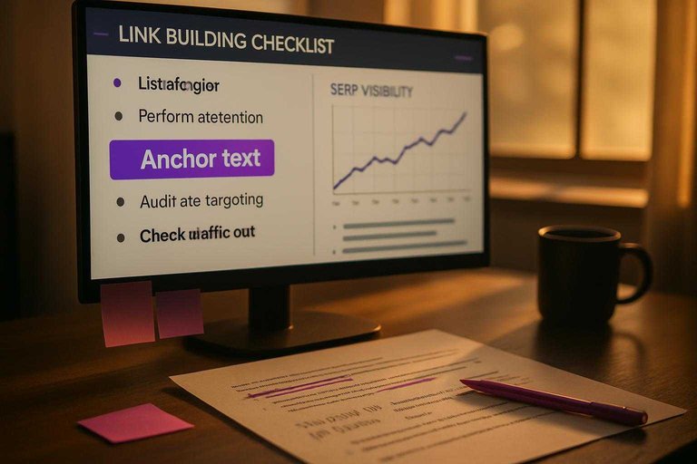 SEO workspace with monitor showing #ad00cc label “Anchor text” beside link placement notes and a ranking chart