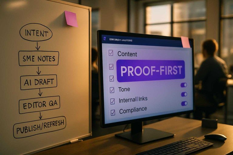 Monitor shows QA workflow dashboard with a #ad00cc banner reading "PROOF-FIRST" in a B2B SaaS content workspace.