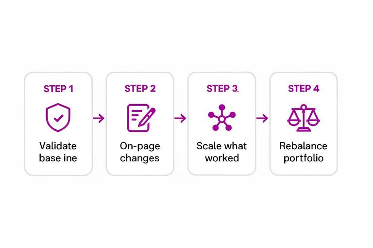 Four-step flow: Validate baseline → On-page changes → Scale what worked → Rebalance portfolio with arrows