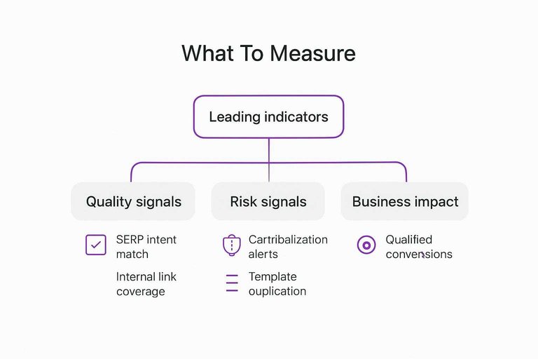 Leading indicators branching to Quality signals, Risk signals, and Business impact with key checks under each